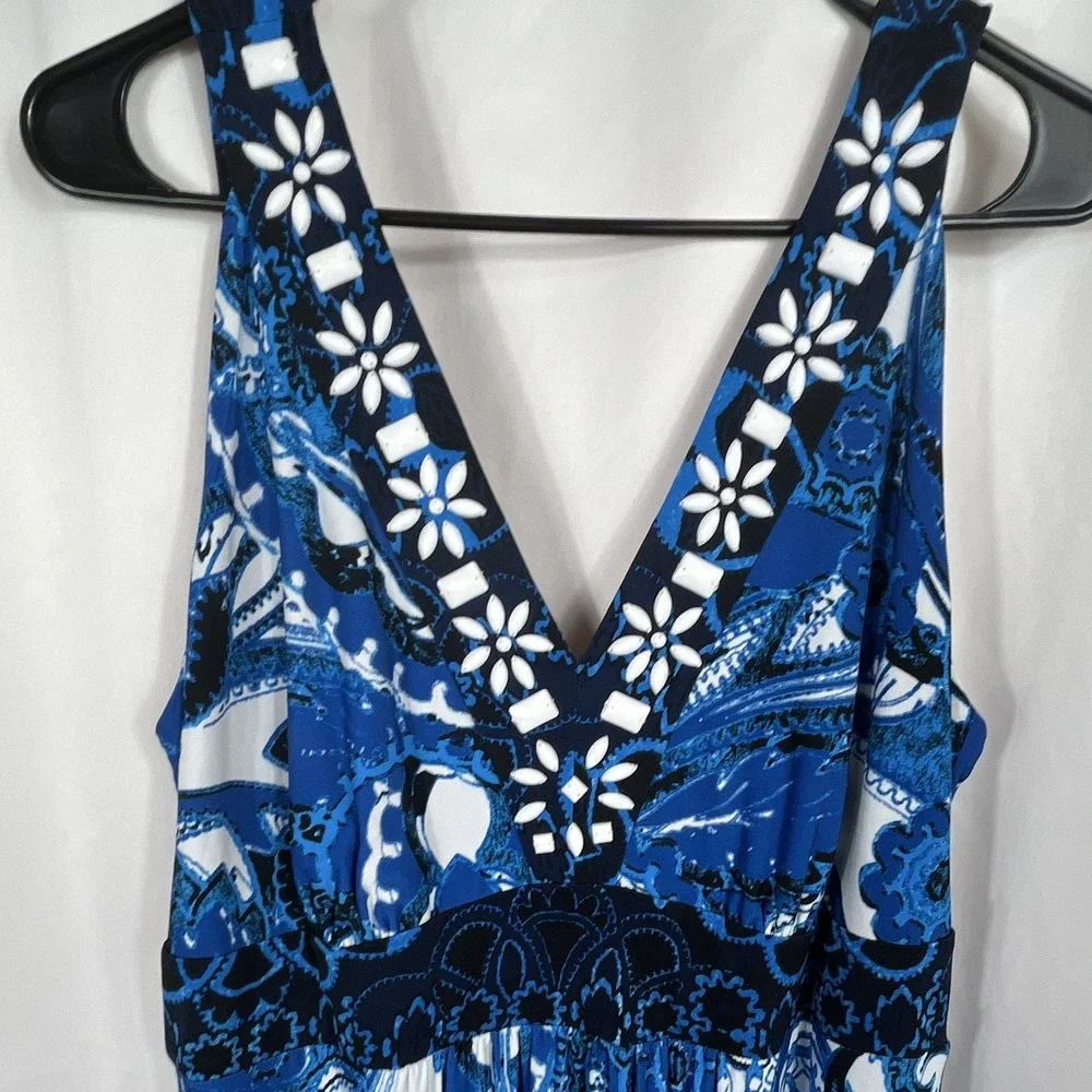 Style&co.  Size 0X Maxi Dress Paisley Beaded Blue White Black Sleeveless V-Neck‎